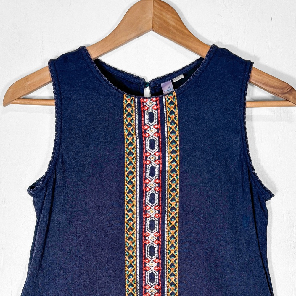 Alya Navy Blue Embroidered Sleeveless Peplum Boho Top Small - Picture 3 of 7